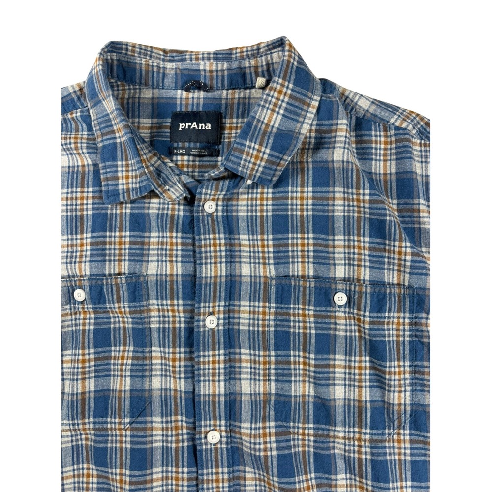 Prana Mens XL Blue Brown Plaid Short Sleeve Button Down Shirt Pockets Casual